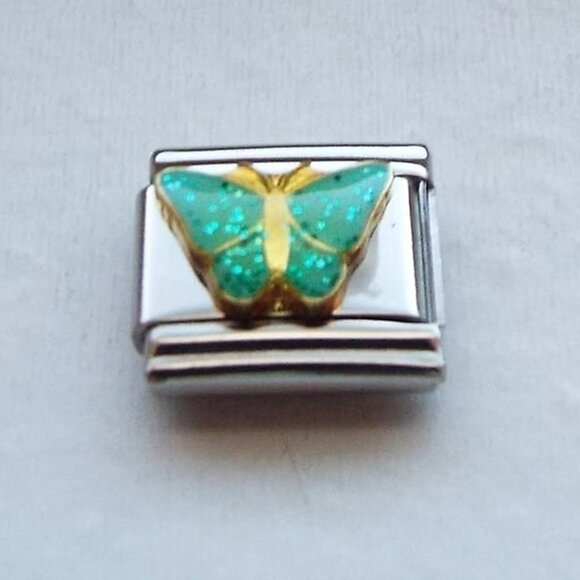 Sparkly mint green enamel butterfly 9mm stainless steel Italian charm link new - Picture 1 of 2